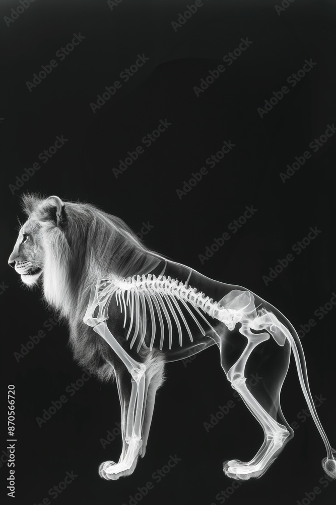 Fototapeta premium A surreal X-ray image of a lion with wings, showcasing the skeletal structure of both animal and bird.