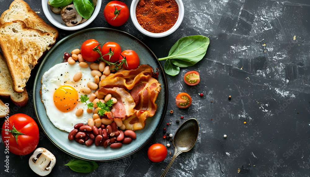 English breakfast - fried egg, beans, tomatoes, mushrooms, bacon and toast. Top view English breakfast - fried egg, beans, tomatoes, mushrooms, bacon and toast. Top view
