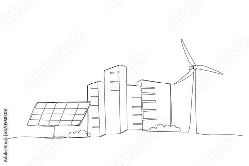 Wind generator in city, one line illustration, windmill single continuous line art drawing. Sustainable power sign
