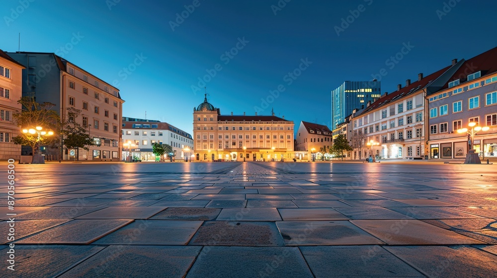 Obraz premium Serene Night View of Empty City Square with Colorful Building Lights, Perfect for Copy Space