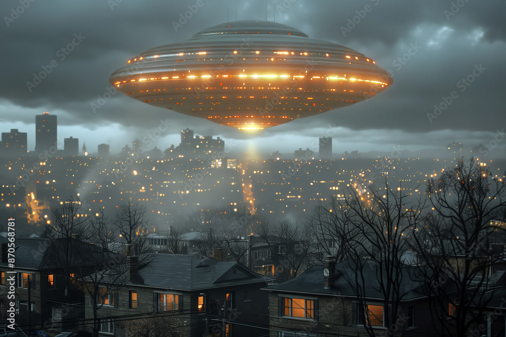UFO sighting over a suburban neighborhood. UFO sighting over a suburban neighborhood.