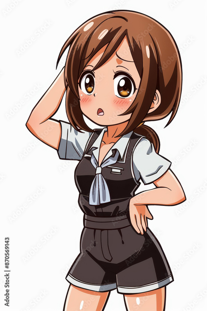 Animestyle artwork of an angry and embarrassed cute girl in an action pose, created by generative AI, wearing a cooking uniform.