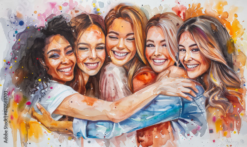 Watercolor painting of five diverse women embracing in a joyful group hug, celebrating friendship and unity with vibrant splashes of color photo