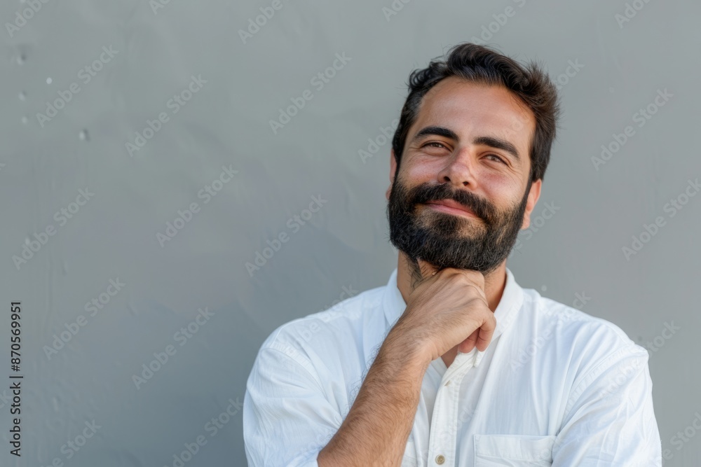 Fototapeta premium Hispanic man with beard thinking and smiling thoughtfully.