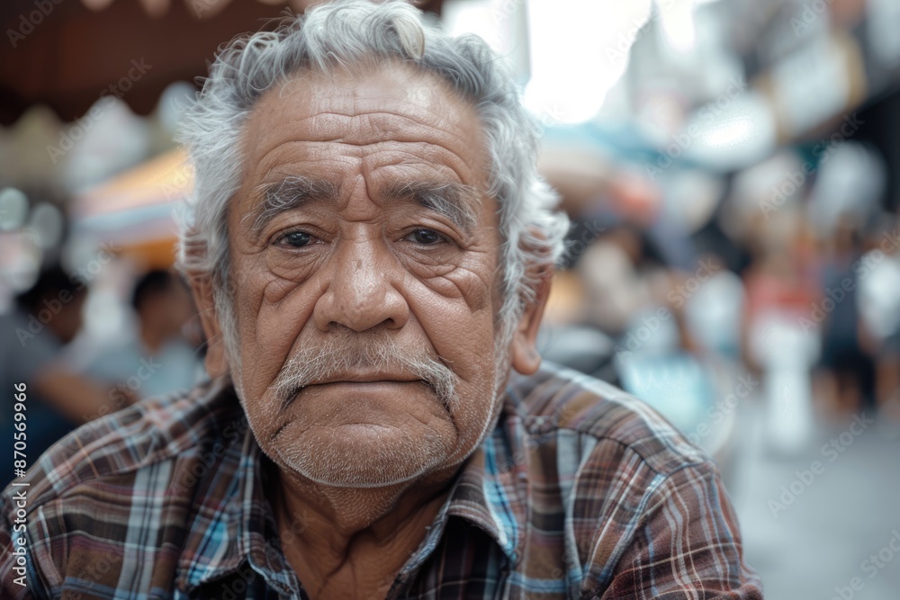 Elderly Hispanic man in Mexico City street portrait.
