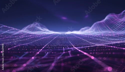 A dark blue background with a light purple grid pattern, featuring an abstract and futuristic design that resembles the surface of some planet or galaxy. The lines in the grid create complex patterns,