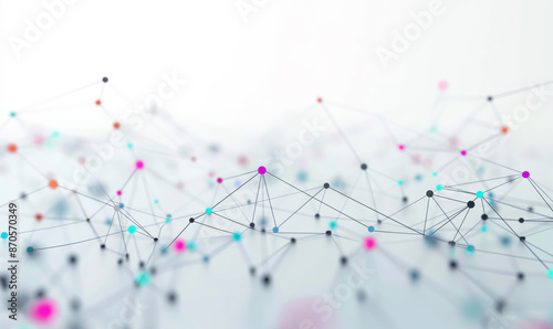 Abstract network of interconnected nodes with colorful points on a white blurred background