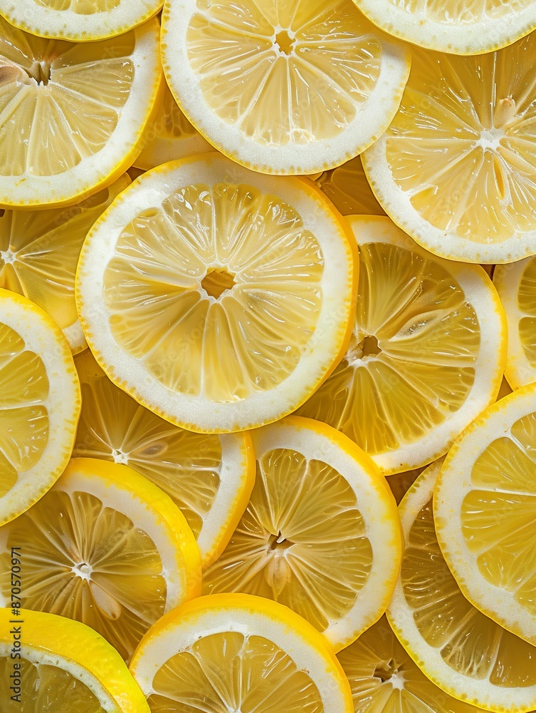 A pile of freshly cut, vibrant yellow lemon slices, bursting with juice A pile of freshly cut, vibrant yellow lemon slices, bursting with juice