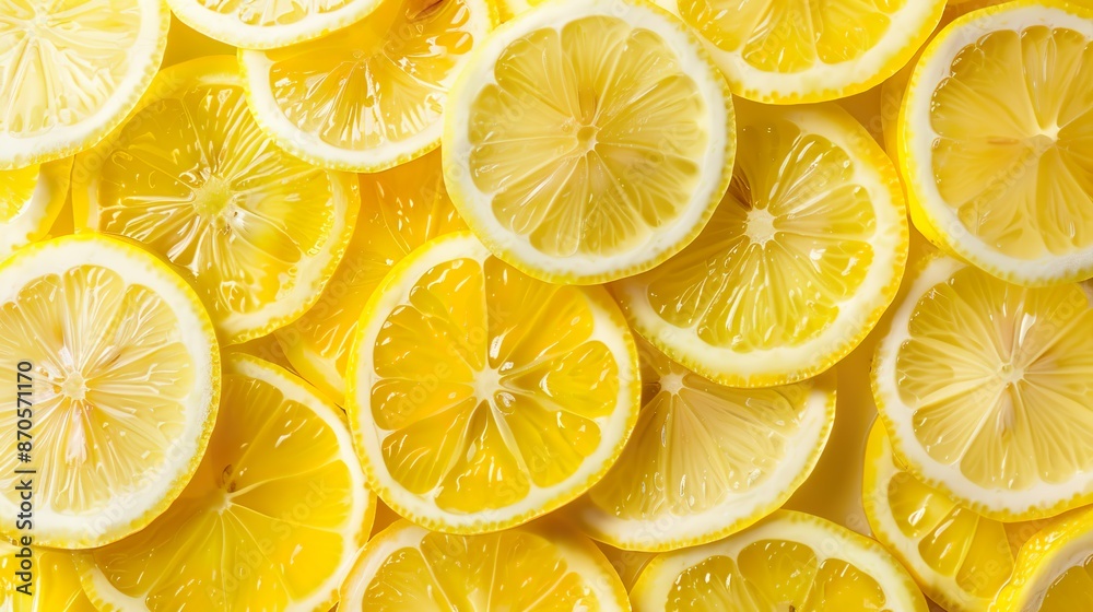 A pile of freshly cut, vibrant yellow lemon slices, bursting with juice A pile of freshly cut, vibrant yellow lemon slices, bursting with juice