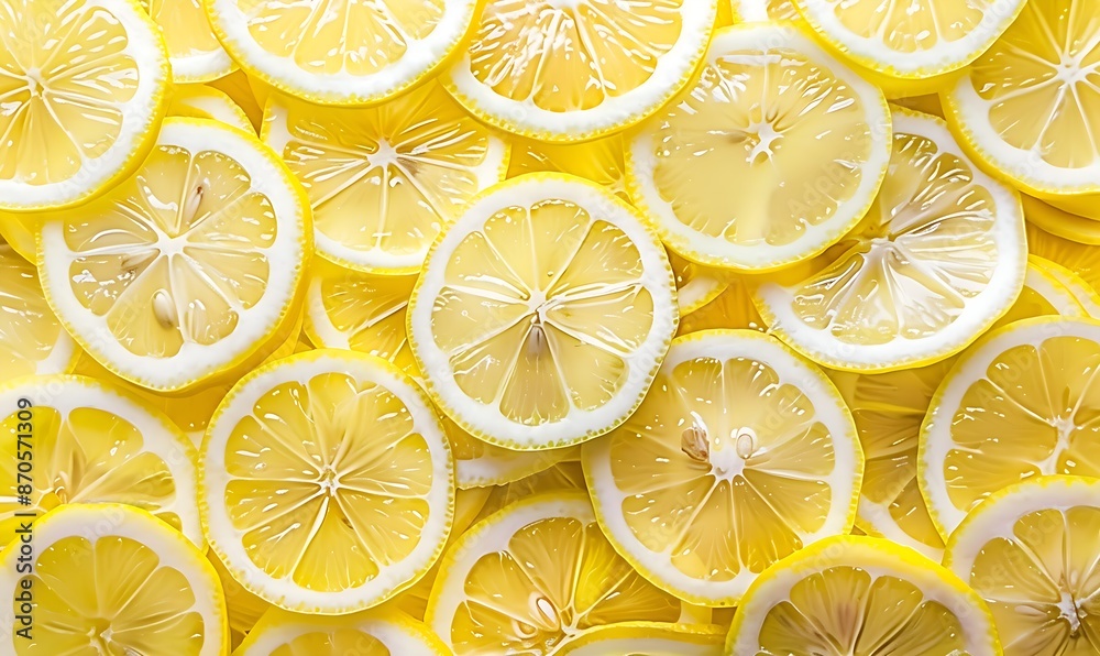 A pile of freshly cut, vibrant yellow lemon slices, bursting with juice A pile of freshly cut, vibrant yellow lemon slices, bursting with juice