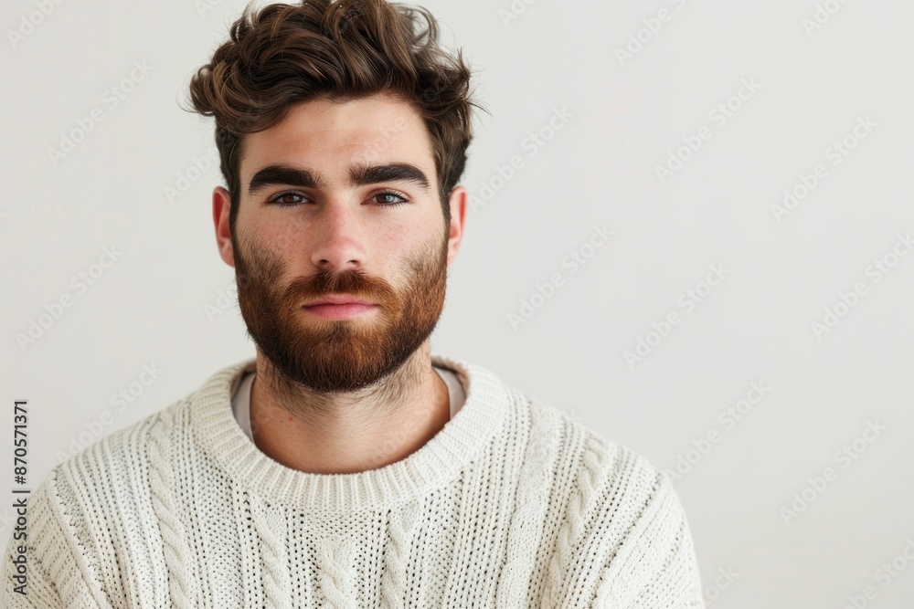 Young man in casual sweater with beard looking serious. Young man in casual sweater with beard looking serious.