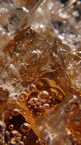 Macro shot of a ice cubes in a brown soda drink with air bubbles