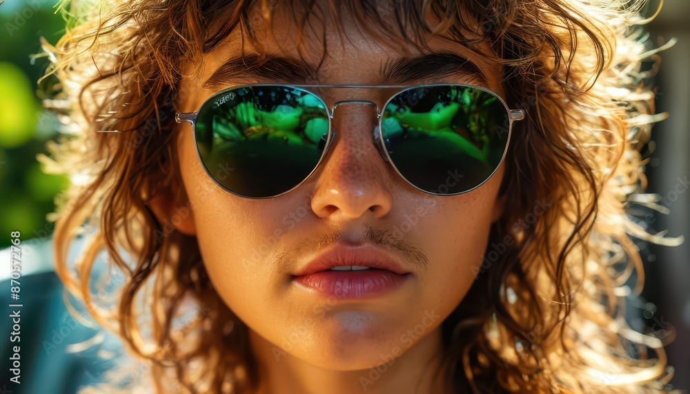 Closeup of a woman with curly hair wearing sunglasses. Closeup of a woman with curly hair wearing sunglasses.