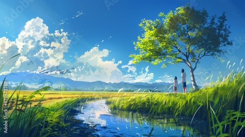 Couple love on grass landscape, Digital painting, Anime style.
