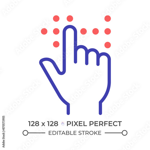 Braille reading two color line icon. Index finger bicolor outline symbol. Visually impaired. Blind person. Special education. Duotone linear pictogram. Isolated illustration. Editable stroke