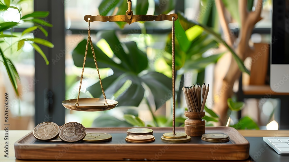 Table with scale and flower vase A desk full of books and a quiet ...