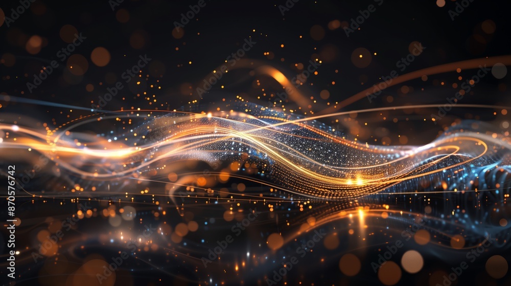 Fototapeta premium An abstract representation of quantum entanglement with wave patterns and glowing lines on a black background.