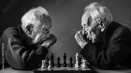 A black and white photograph capturing the raw emotions and strategic minds of two elderly chess players, their expressions conveying a lifetime of rivalry and respect. photo