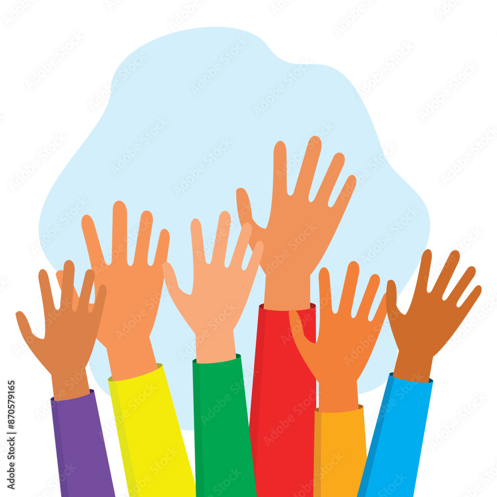 Obraz premium illustration of raised hands with different skin colors, concept of freedom, diversity and human rights. Flat style vector illustration