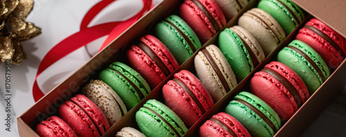 Christmas-themed macarons in red and green, arranged in a gift box with a festive ribbon, Christmas macarons, holiday gift