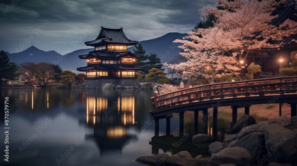 Obraz premium A charming Matsumoto Castle, its black wooden keep reflecting in the tranquil waters of a nearby lake.