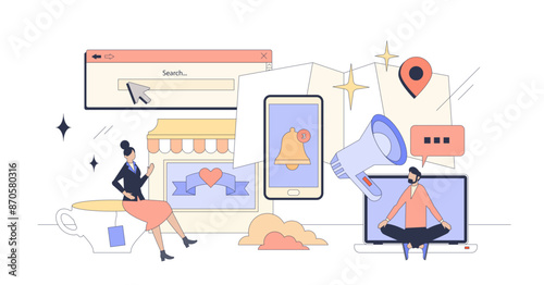 Local digital marketing campaign strategies tiny person neubrutalism concept, transparent background. Store advertisement using location services for effective targeted audience illustration.