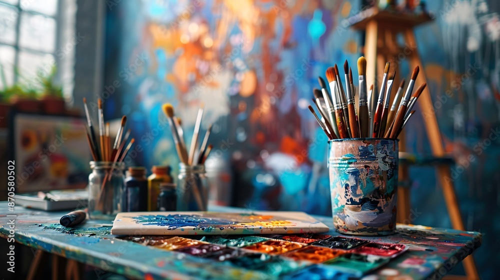 A can full of paintbrushes sits on a table in an artists studio. A palette and paint jars are nearby A can full of paintbrushes sits on a table in an artists studio. A palette and paint jars are nearby