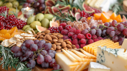 A beautifully arranged holiday cheese board, featuring a variety of cheeses, fruits, and nuts, holiday cheese board, festive appetizer