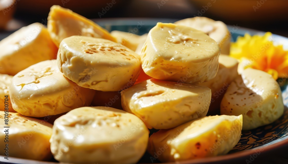Close-up of Yellow Cheese Rounds on a Plate. Close-up of Yellow Cheese Rounds on a Plate.