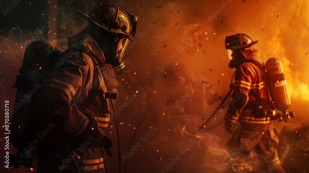 Firefighters battling a blaze with intense flames and smoke Firefighters battling a blaze with intense flames and smoke