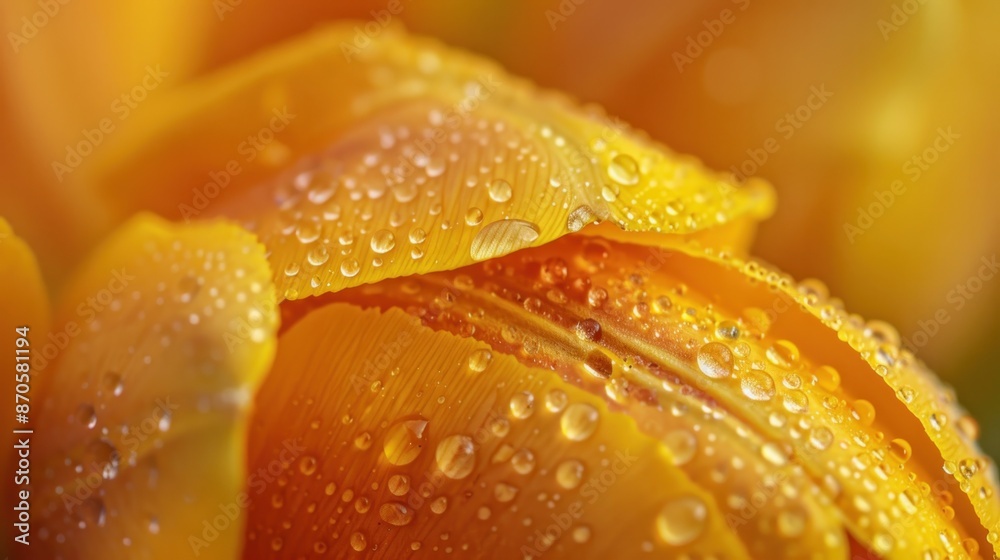 A close-up of a yellow tulip's petals, with dewdrops glistening on the surface. A close-up of a yellow tulip's petals, with dewdrops glistening on the surface.