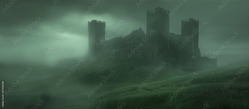 Große mittelalterliche Ruine im Nebel auf einem grünen Hügel Große mittelalterliche Ruine im Nebel auf einem grünen Hügel