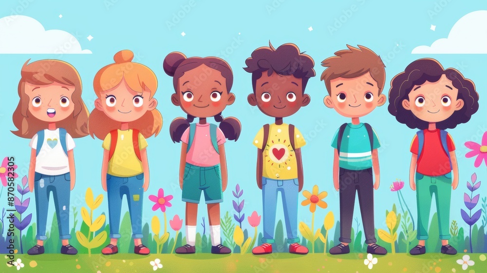 A group of diverse children stand together smiling in a field of flowers. A group of diverse children stand together smiling in a field of flowers.