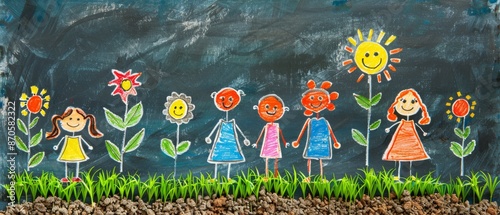 Chalk drawing of children and flowers on a dark background.