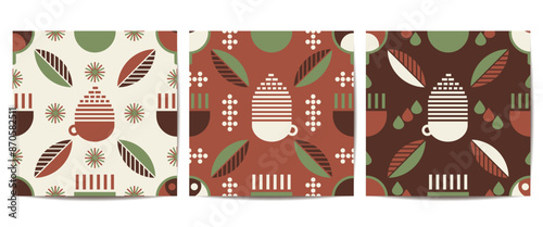 Set of Coffee Seamless Pattern in minimalistic style, Bauhaus geometric background, decorative print with abstract shapes for coffee shop, cafe, food