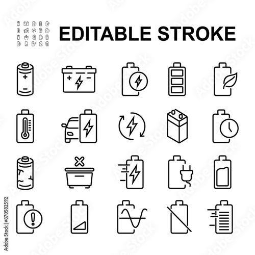 Collection of battery icons in line style. Contains icons such as battery charging, battery, and many more.