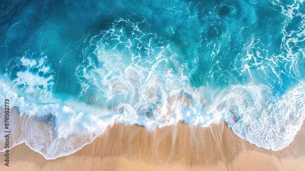Aerial view of ocean waves and beach in sunset Aerial view of ocean waves and beach in sunset