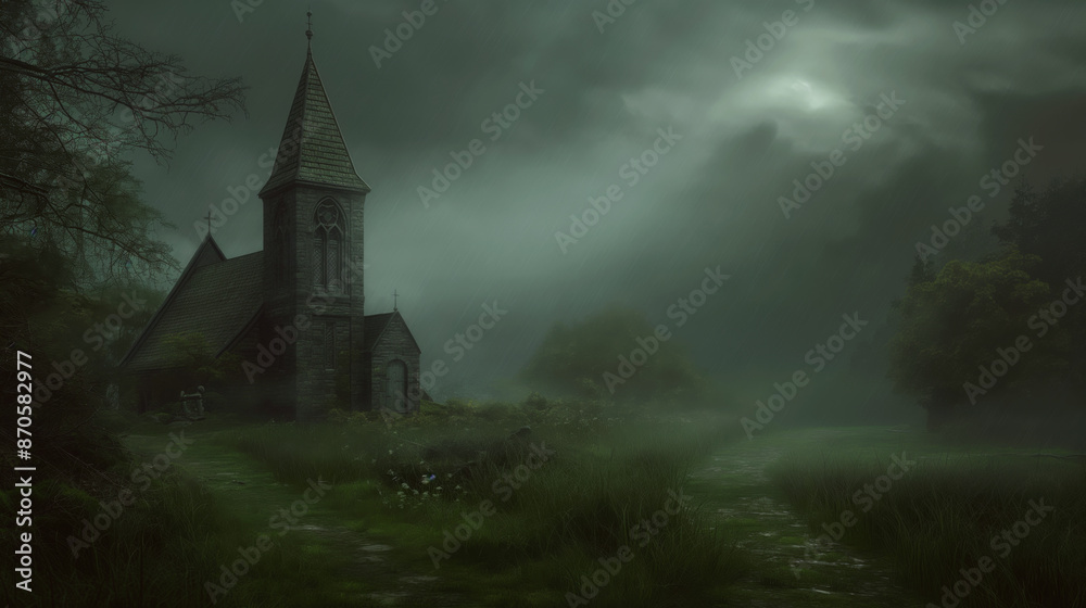 Fototapeta premium Alte Kirche in einer dunklen mystischen Landschaft