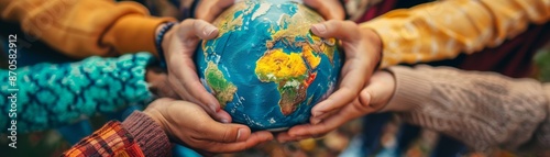 Many hands holding a globe, symbolizing unity and global connection.