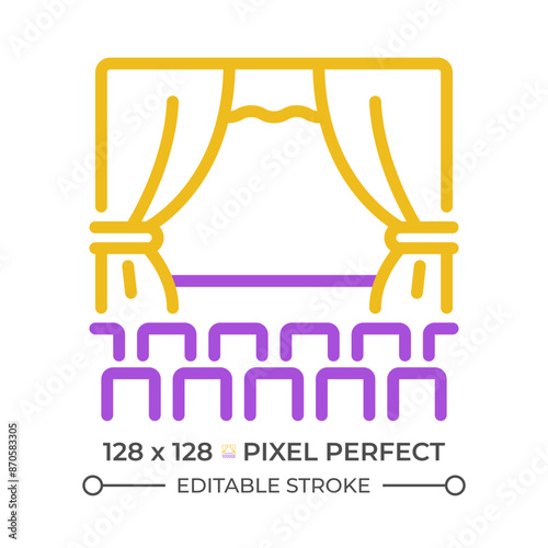 Theater performance pixel perfect two color line icon. Drama acting stage. Artistic showcase, storytelling bicolor outline symbol. Duotone linear pictogram. Isolated illustration. Editable stroke