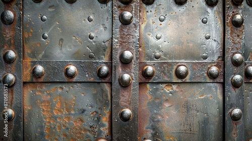 Industrial Aesthetic: Close-Up of Intricate Riveted Metal Plates with Visible Seams and Joints