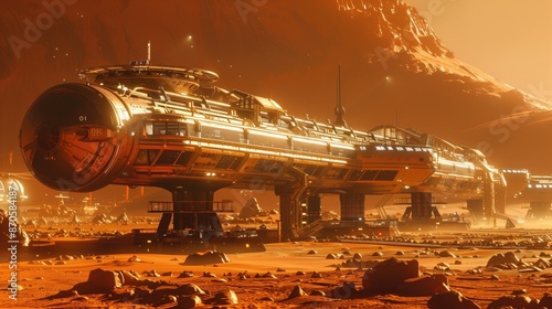 Futuristic illustration of a station in Mars, space exploration, alien planet. photo