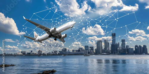 Global Aviation Connectivity: A High-Tech Airplane Navigating Through a Digitized World Map photo