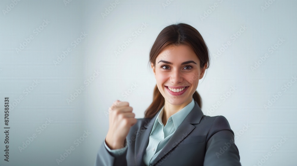 Businesswoman holding fist up encourage cheer up you are the best Caucasian female in suit beautiful smile happy simple white wall background Businesswoman holding fist up encourage cheer up you are the best Caucasian female in suit beautiful smile happy simple white wall background