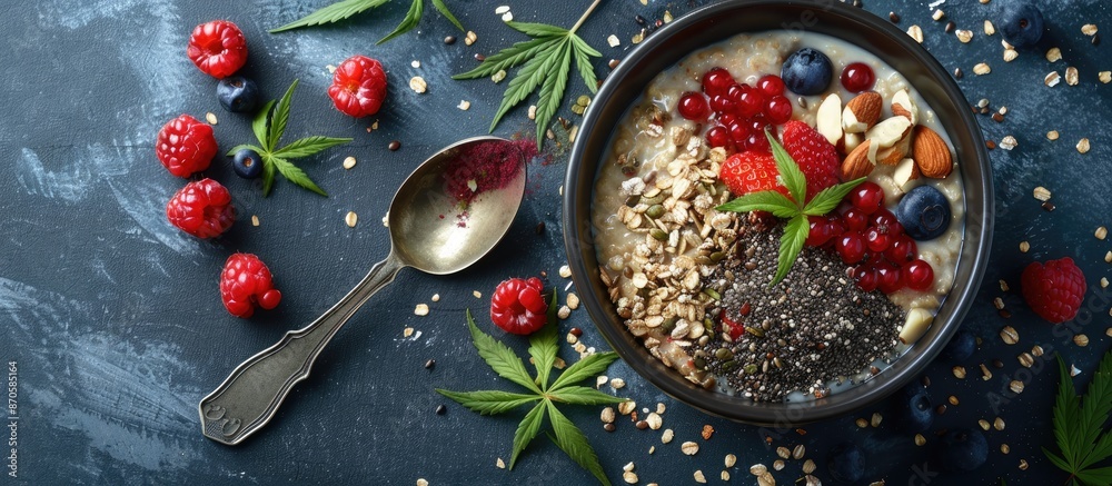 Breakfast bowl with oatmeal, hemp protein, nuts, and berries on a flat surface with a spoon beside it. Includes plant-based protein from the cannabis plant. Copy space image. Breakfast bowl with oatmeal, hemp protein, nuts, and berries on a flat surface with a spoon beside it. Includes plant-based protein from the cannabis plant. Copy space image.