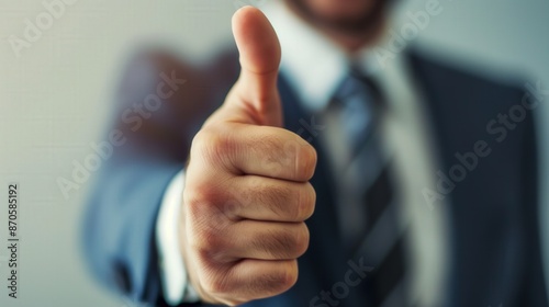 Businessman shows his thumb up in front of camera encourage cheer up you are the best Caucasian male in suit close up shot