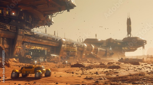 Futuristic illustration of a station in Mars, space exploration, alien planet. photo