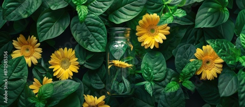 Close-up view of a floral arrangement featuring yellow flowers in glass jars, surrounded by vibrant green leaves; depicts home decoration with copy space image.