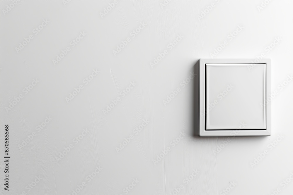 White light switch on white painted wall. Square shaped rocker switch paddle. Simplicity light switch box in Interior, gateway to illumination. Hit the lights. Saving electrical energy. Copy Space White light switch on white painted wall. Square shaped rocker switch paddle. Simplicity light switch box in Interior, gateway to illumination. Hit the lights. Saving electrical energy. Copy Space