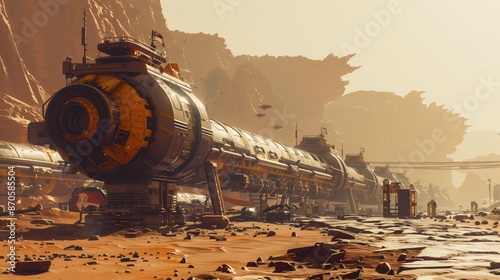 Futuristic illustration of a station in Mars, space exploration, alien planet. photo